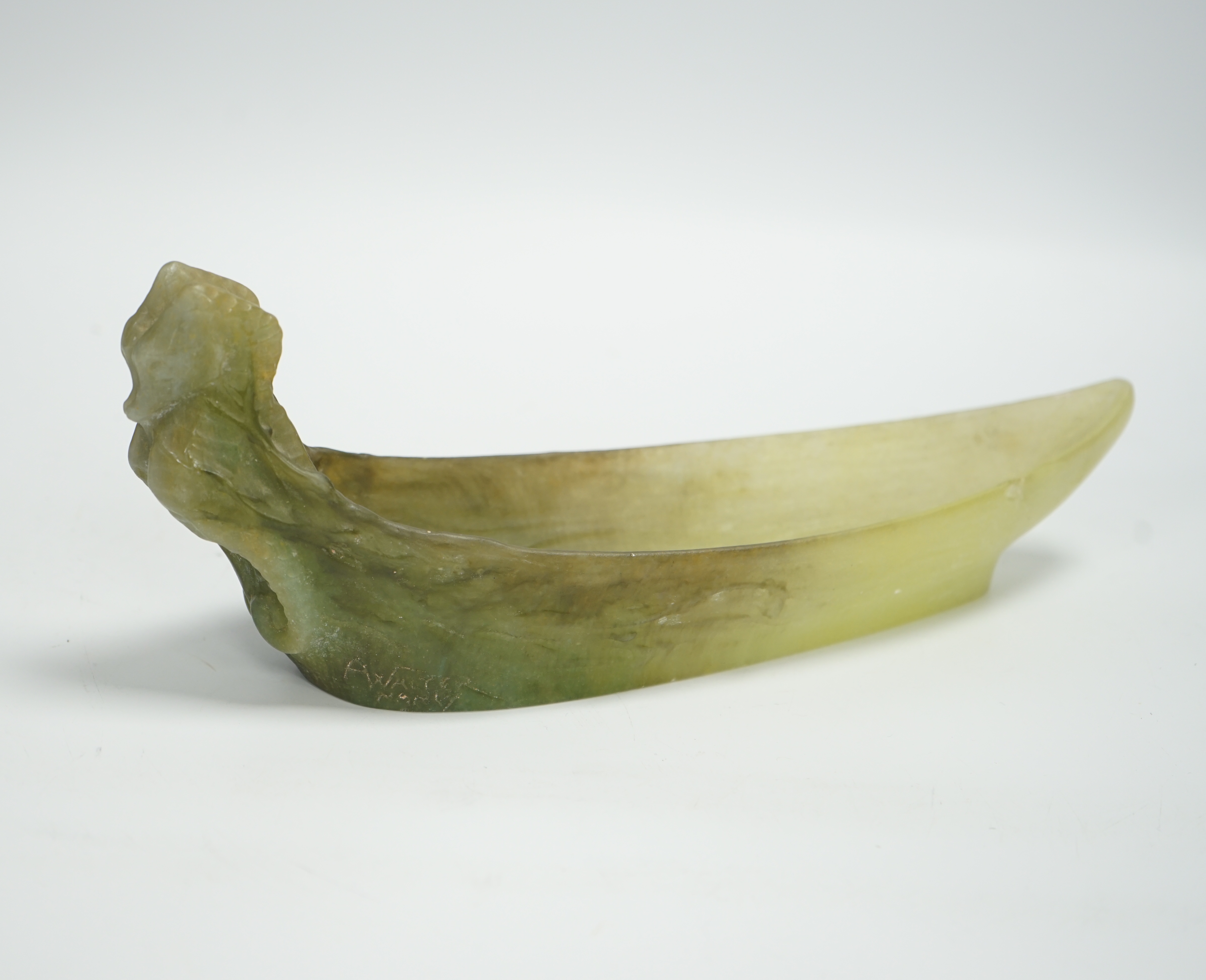 Amalric Walter (1870-1959) and Henri Berge, a pate de verre tray in the form of a long boat with double seahorse figurehead, signed A Walter, 27cm long